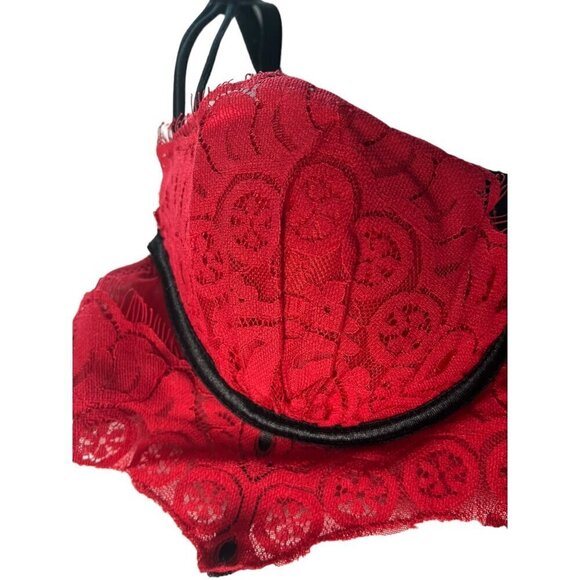 Frederick's Of Hollywood S‎ Red Lace Push Up Balconette Bra Longline Black Trim - Picture 2 of 6
